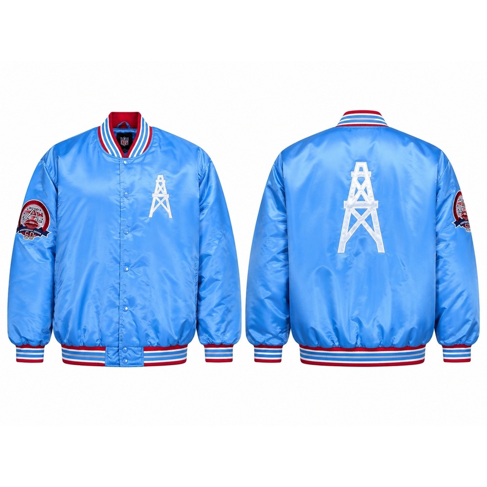 NFL Houston Oilers 50th Anniversary Satin Varsity Jacket Blue Mens 4XL